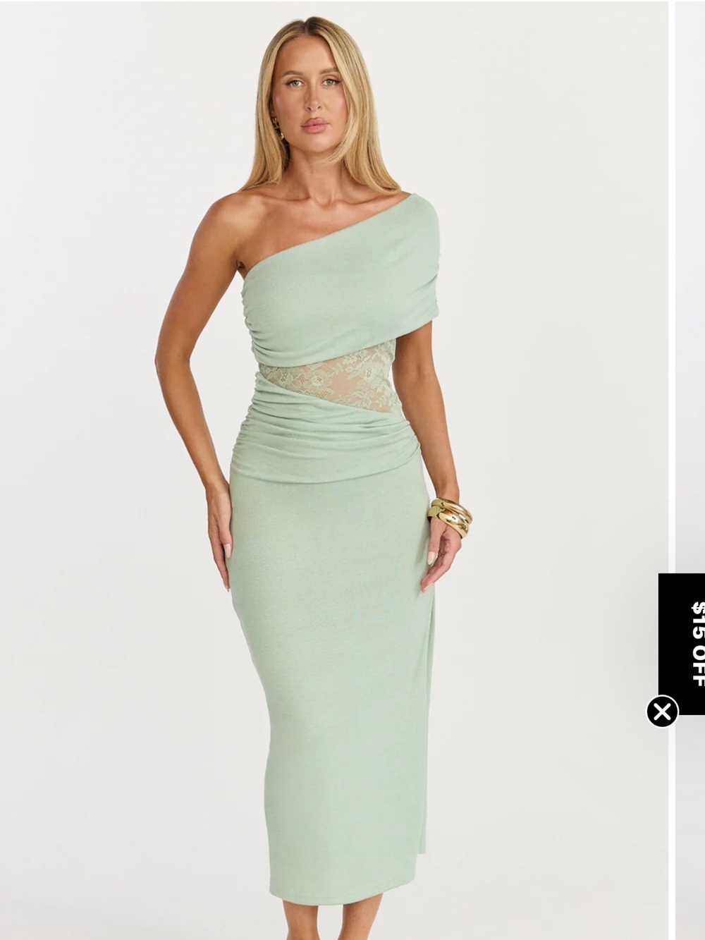 Showpo One-Shoulder Mint Green Midi Dress with Lace Waist Panel